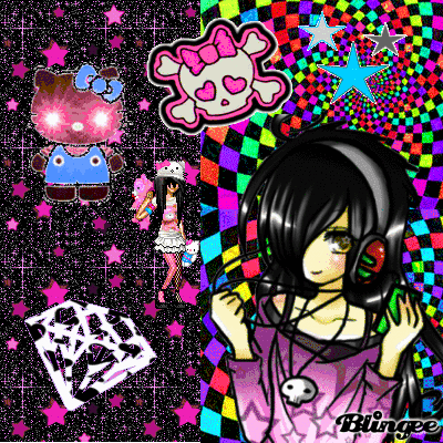 rainbow scene anime girl mit kopfhoerern und hello kitty